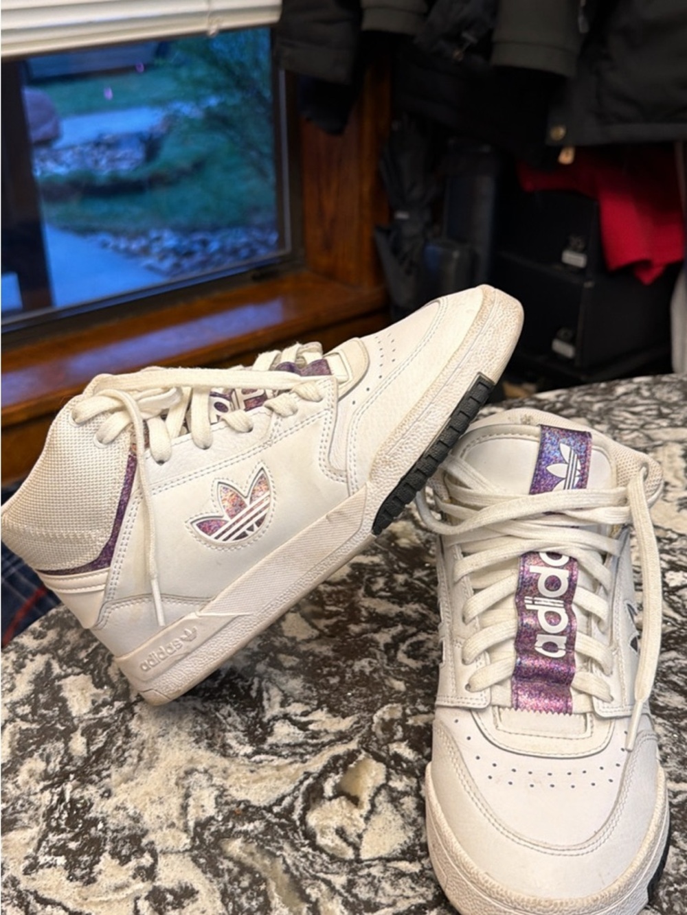 Adidas White High-Top Sneakers with Iridescent Purple Accents